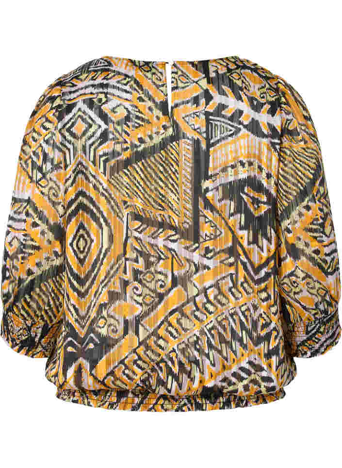 Printet bluse med smock og 3/4 ærmer, Yellow Aztec AOP, Packshot image number 1