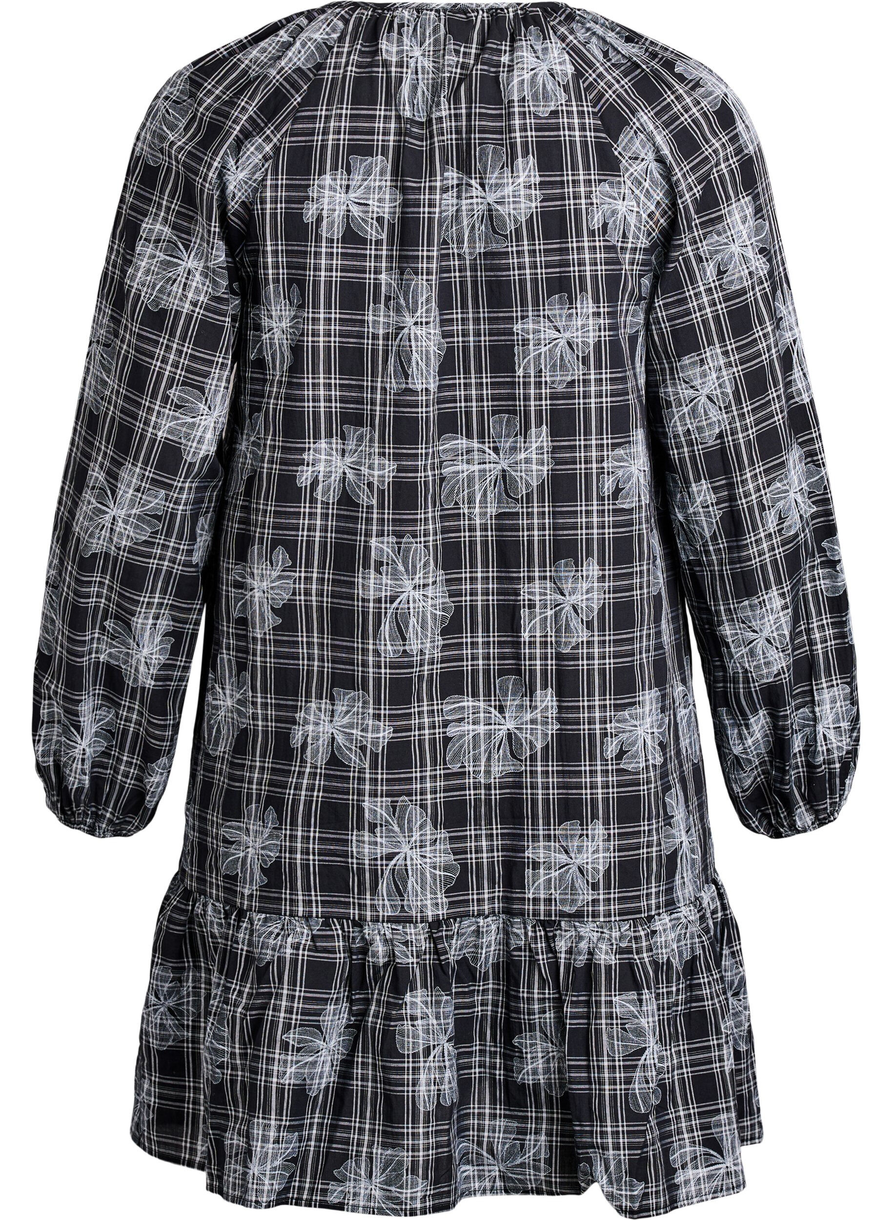 Zizzi Kort kjole med tern og blomsterprint, Sort, Packshot image number 1