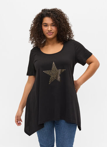 Kortærmet bomulds t-shirt med a-form, Black w. Gold Star, Model image number 0