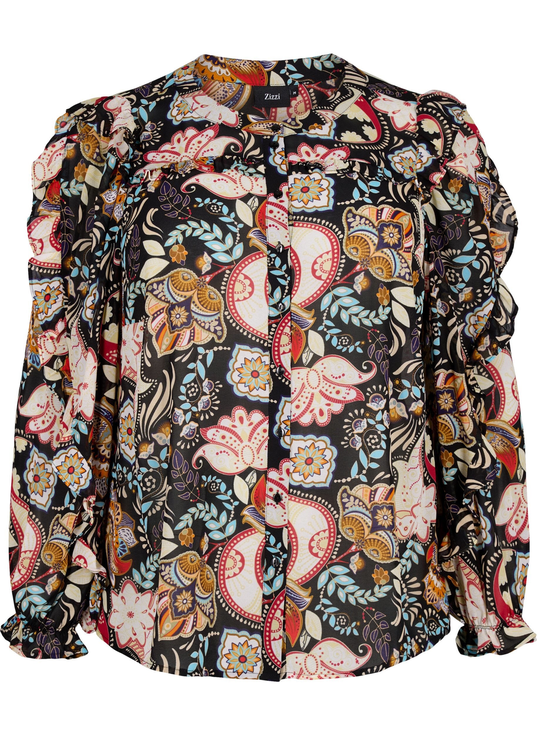 Zizzi Skjortebluse med fl&aelig;ser og paisleyprint, Black Paisley, Packshot image number 0