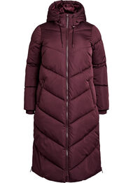Lang pufferfrakke med h&aelig;tte og lommer , M&oslash;rk Bordeaux