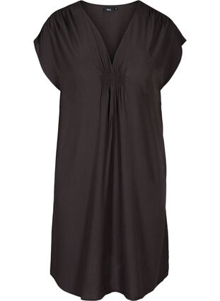 Kortærmet viskose kjole med smock, Licorice, Packshot image number 0