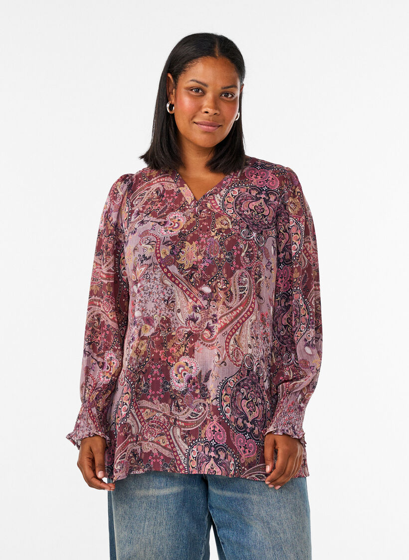 Tunika med paisleyprint og smockmanchetter, Lyser&oslash;d, Model image number 0