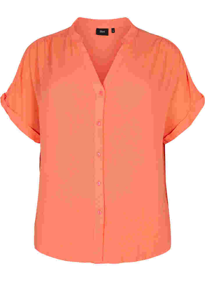 Kortærmet viskose skjorte med v-udskæring, Living Coral, Packshot image number 0