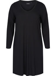 Ensfarvet kjole med v-hals og lange ærmer, Black