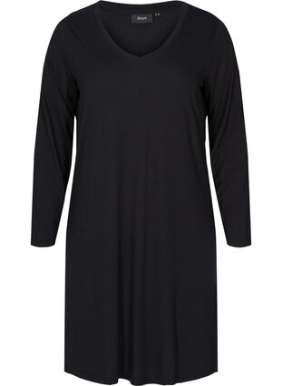 Ensfarvet kjole med v-hals og lange ærmer, Black, Packshot image number 0