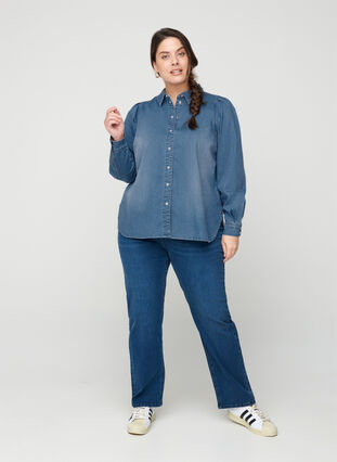Denimskjorte med pufærmer, Blue denim, Model image number 3