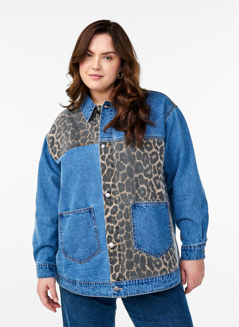 Denimskjorte med leopardprint-detaljer, Blå, Model image number 0