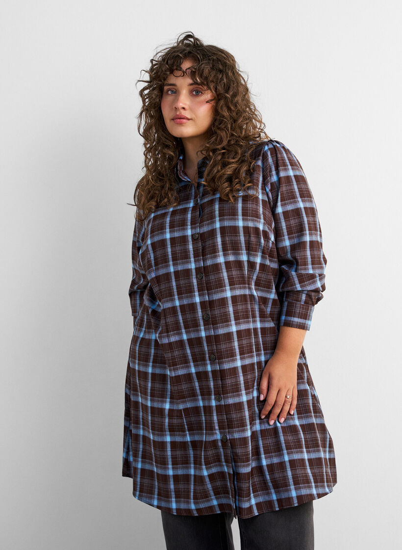 Kn&aelig;lang skjortekjole med ternet m&oslash;nster, Brun, Model image number 0
