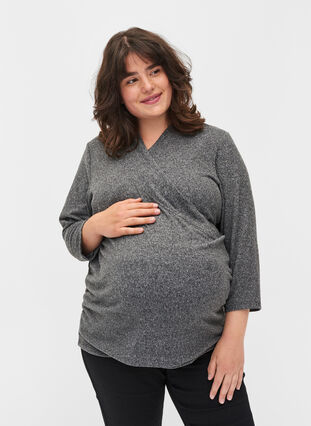 Graviditets bluse med 3/4 ærmer og v-udskæring, Dark Grey Melange, Model image number 0