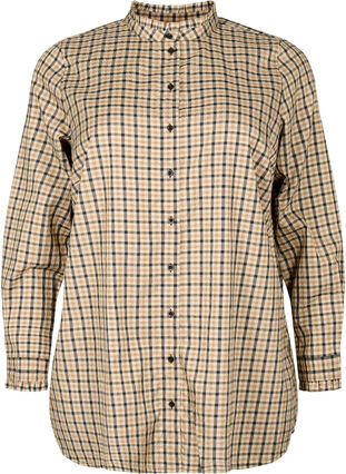 Ternet skjortebluse med flæser, Brown Check, Packshot image number 0