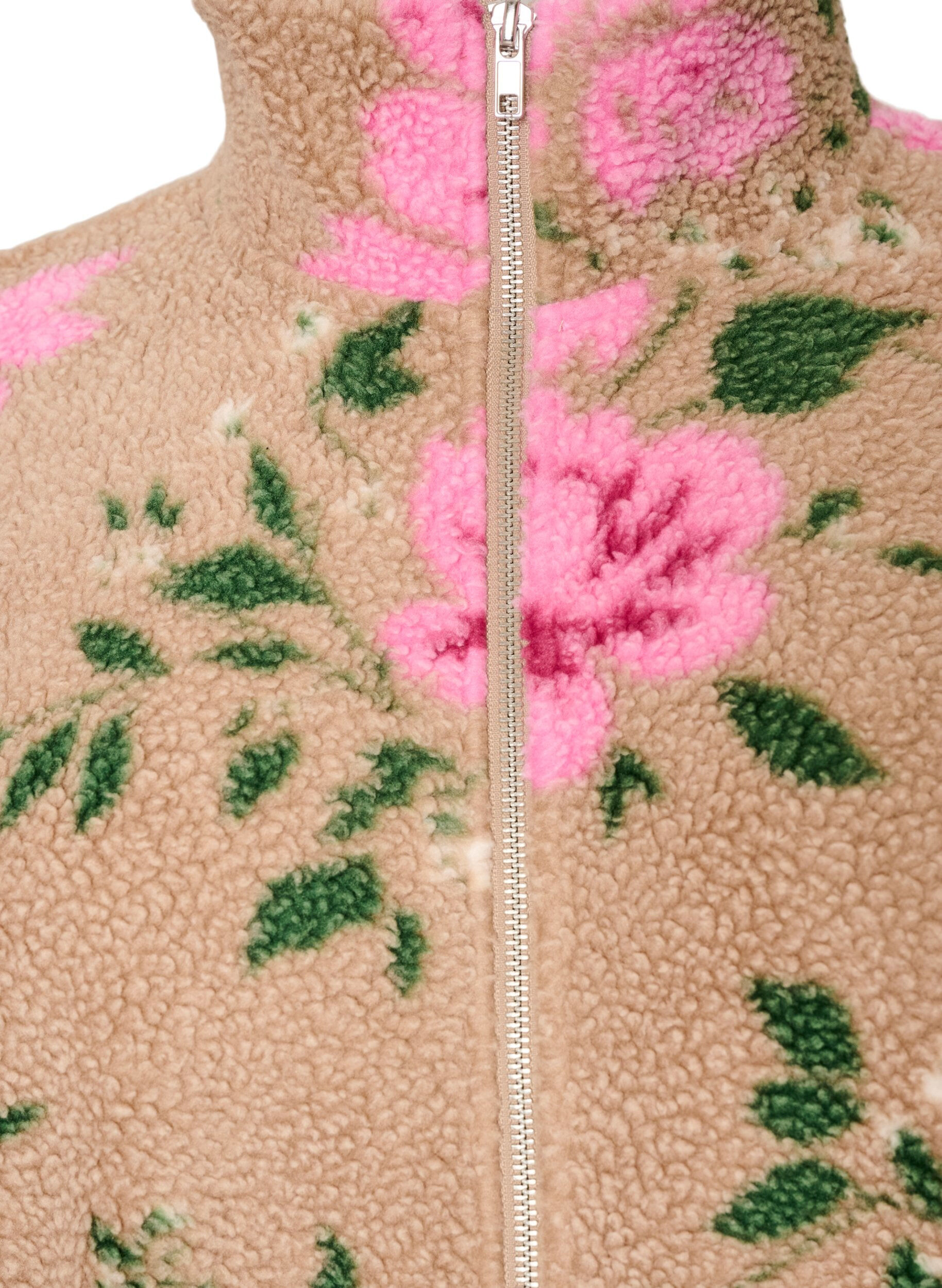 ZizziBlomstret fleecejakke med h&oslash;j hals og lynl&aring;s, Beige, Packshot image number 2