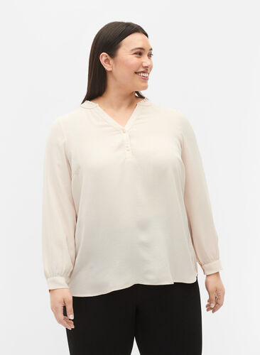 Langærmet bluse med v-udskæring, Warm Off-white, Model image number 0