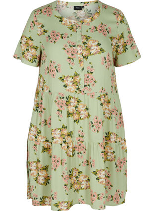 Kortærmet viskose kjole med blomsterprint, Light Green April, Packshot image number 0