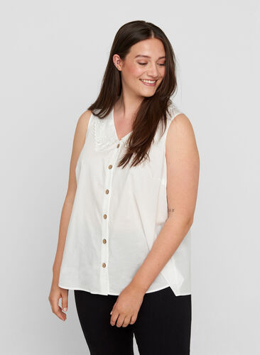 Ærmeløs skjorte i bomuld, Bright White, Model image number 0