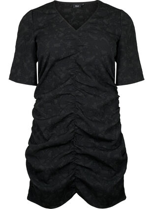 Kortærmet kjole med tekstur og draperinger, Black, Packshot image number 0