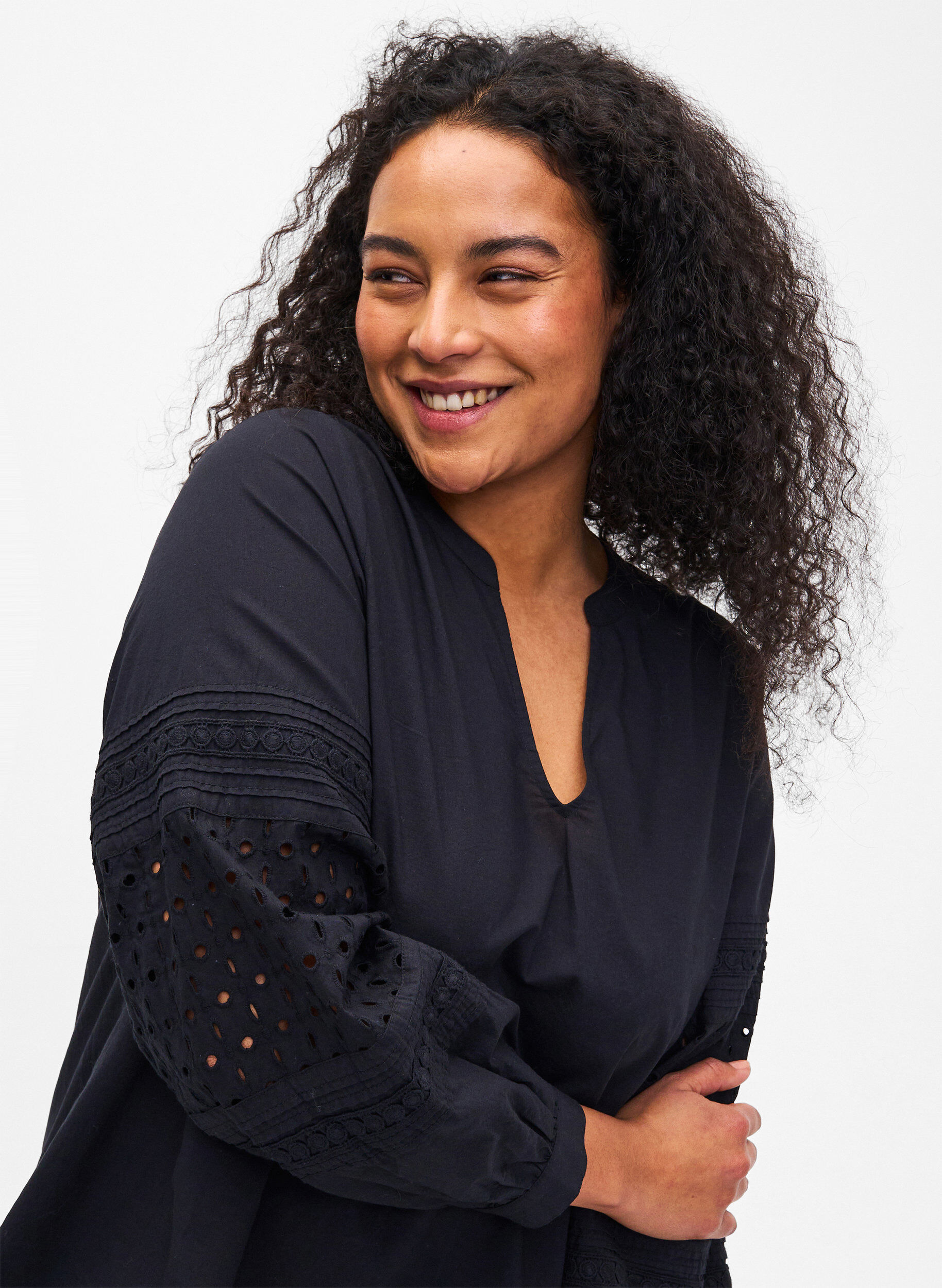 Zizzi Bluse med lange &aelig;rmer og dekorative detaljer, Black, Model image number 2