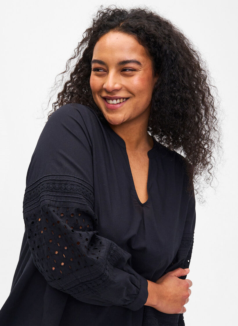 Bluse med lange ærmer og dekorative detaljer, Black, Model image number 2