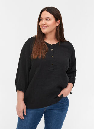 Bomulds bluse med knapper og 3/4 ærmer, Black, Model image number 0