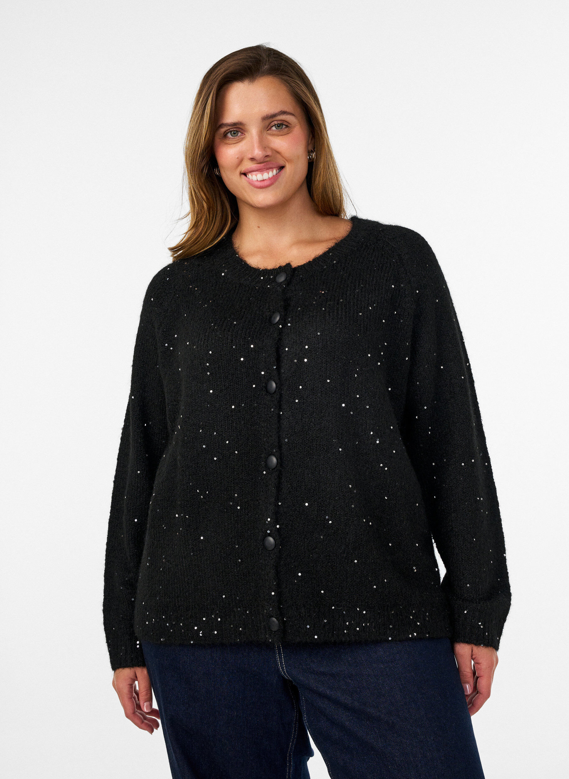 Cardigan med pailletter og knapper, Sort, Model