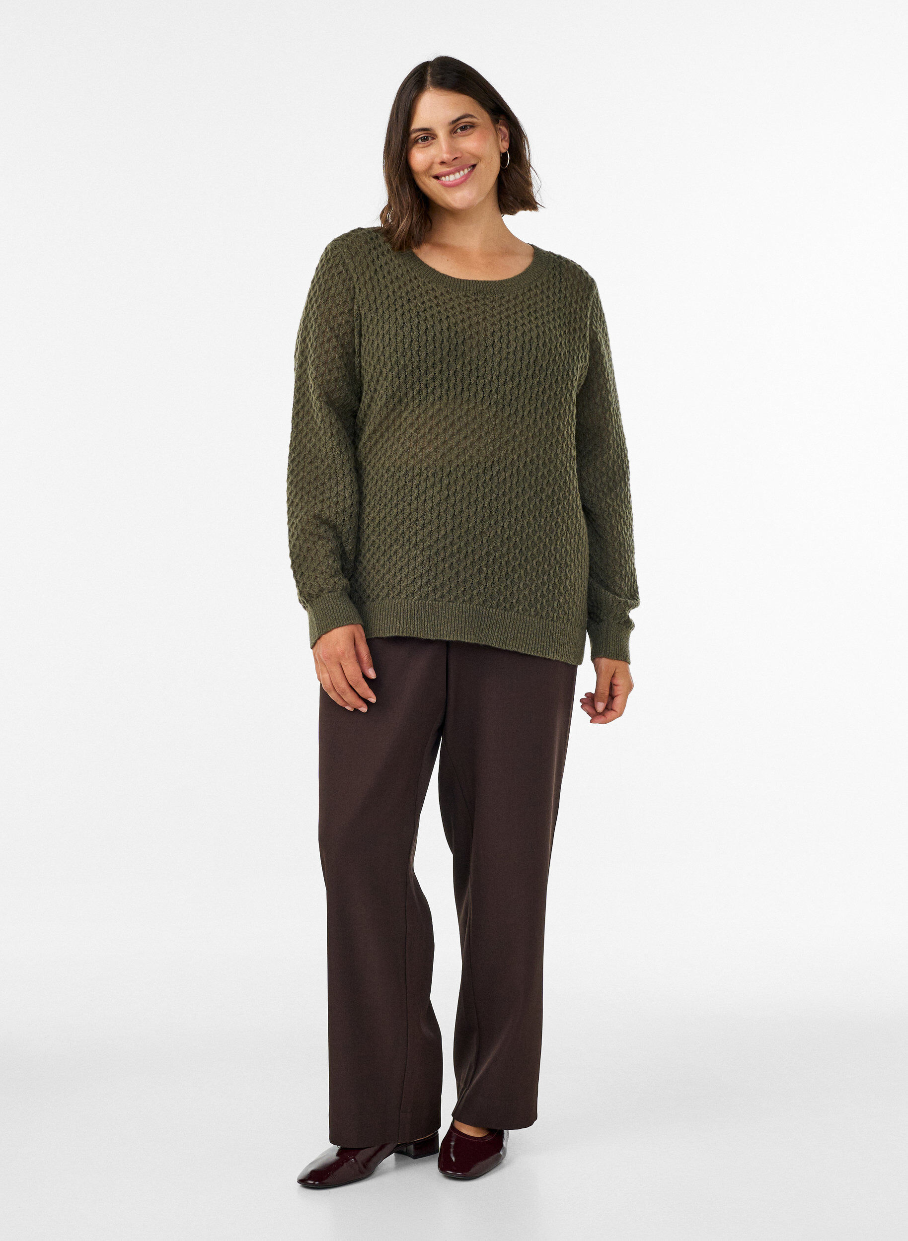 ZizziStrikbluse med struktureret hulm&oslash;nster, Gr&oslash;n, Model image number 1