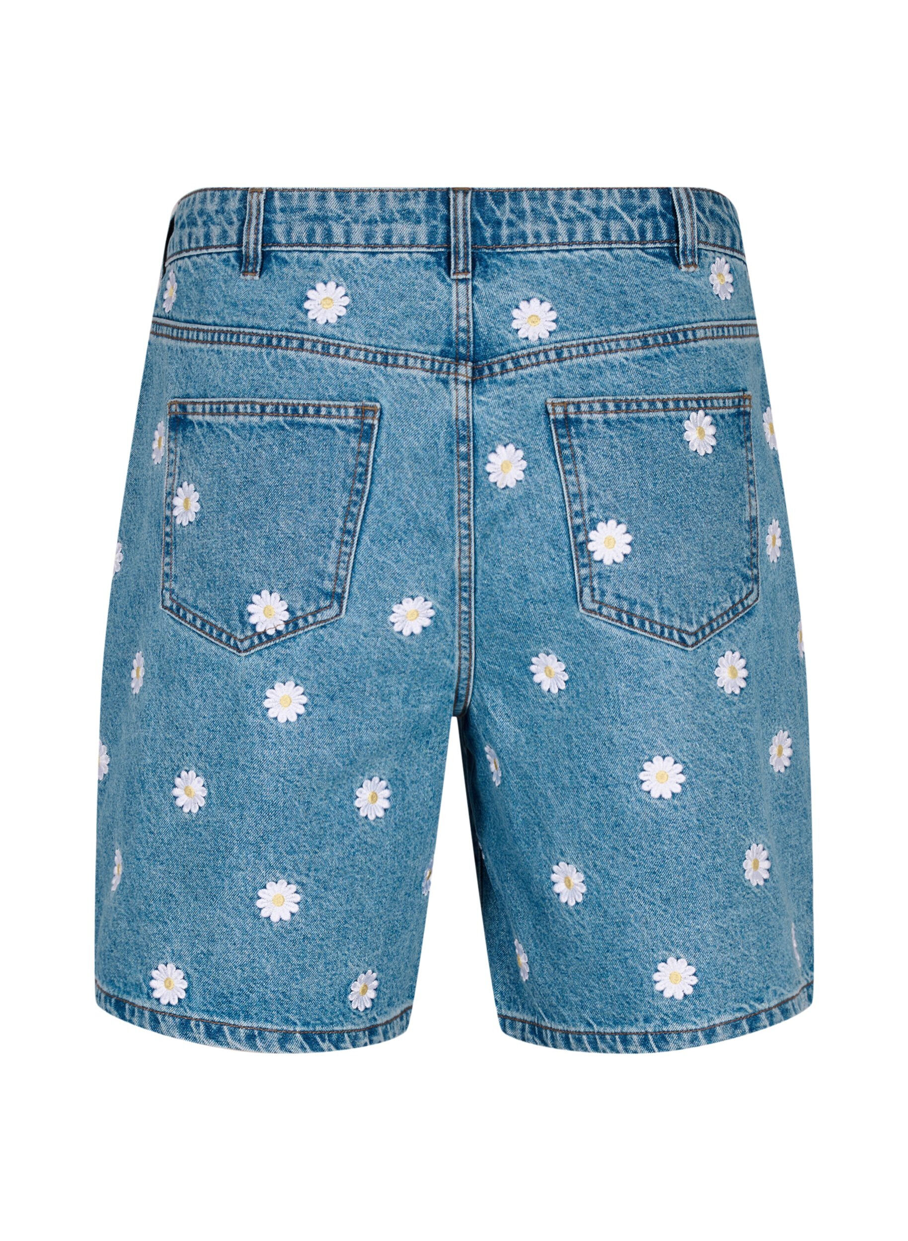 Zizzi H&oslash;jtaljede Mille shorts med broderede blomster, L.B. Flower, Packshot image number 1