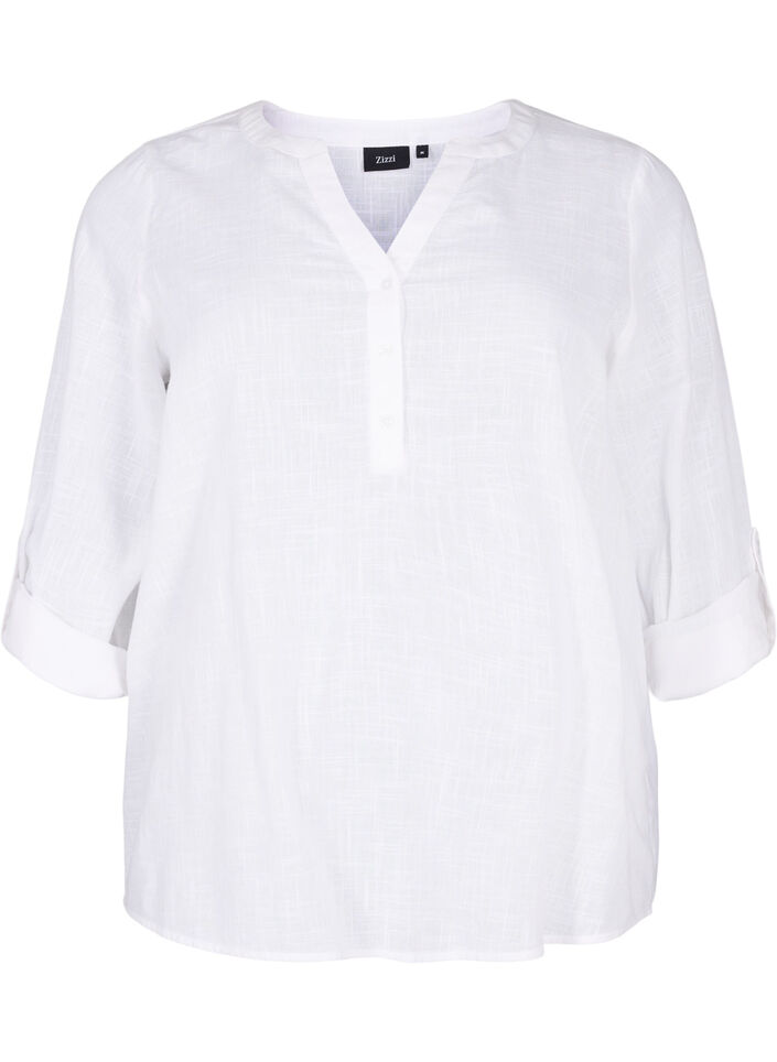 Skjortebluse i bomuld med v-udskæring, Bright White, Packshot image number 0