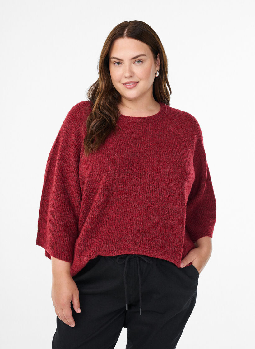 Ribstrikket tr&oslash;je med 3/4 &aelig;rmer, R&oslash;d, Model image number 0