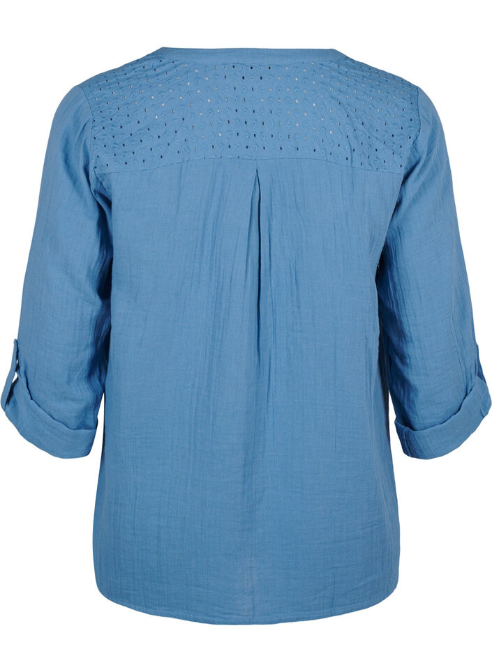 Bluse i bomuld med broderi anglaise og 3/4 ærmer, Riverside, Packshot image number 1
