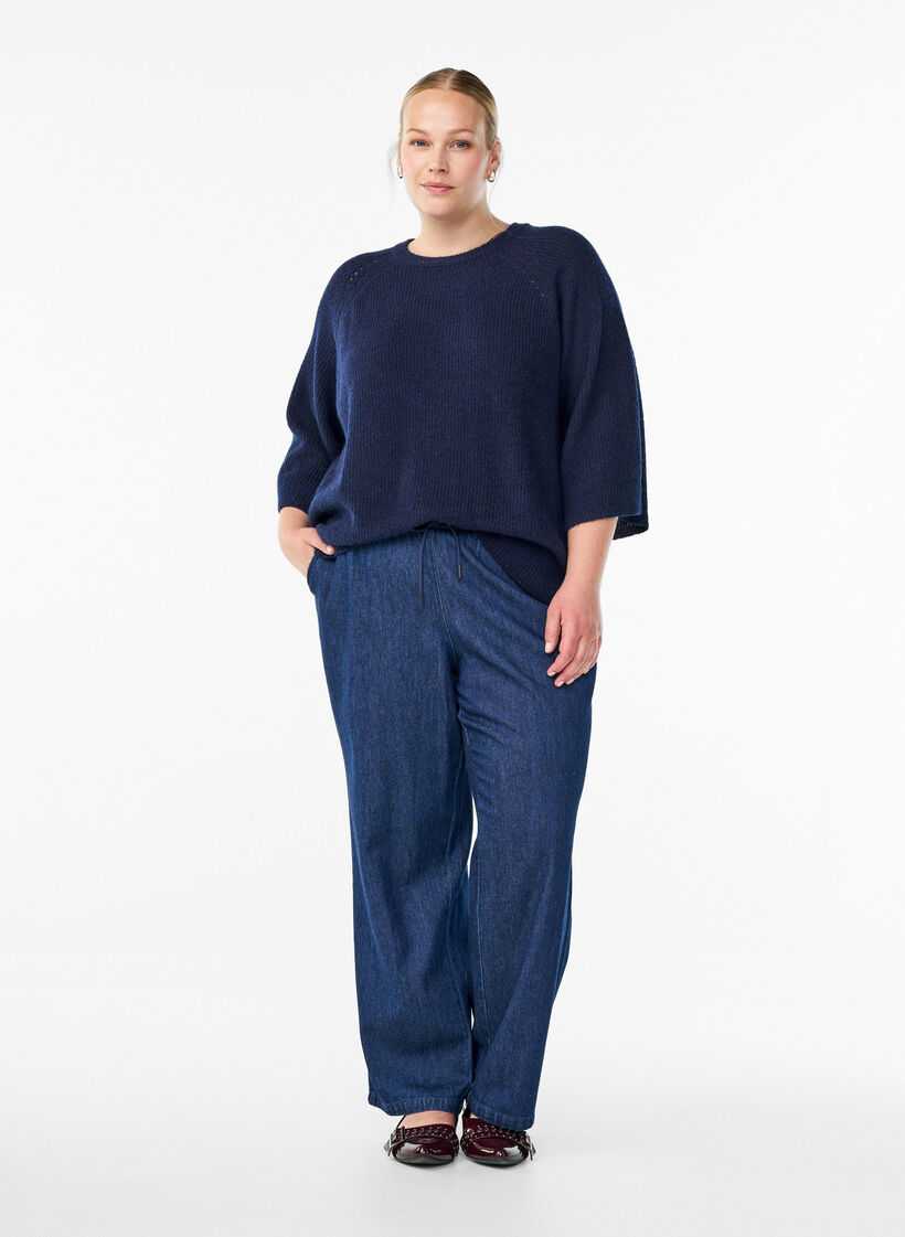 Ribstrikket tr&oslash;je med 3/4 &aelig;rmer, Bl&aring;, Model image number 1