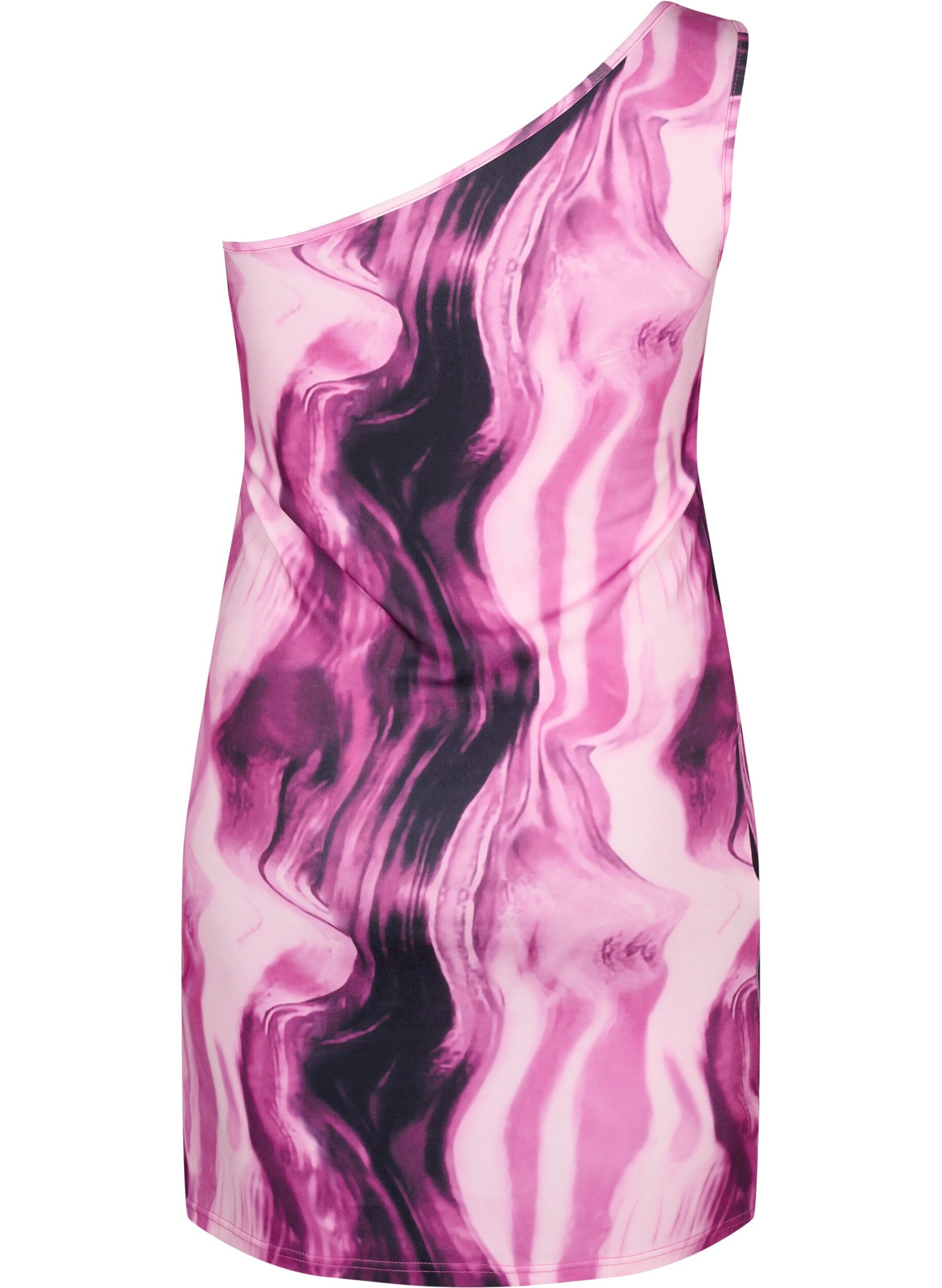 Zizzi T&aelig;tsiddende one-shoulder kjole med print, Raspberry Rose AOP, Packshot image number 1