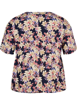 Blomstret viskose bluse med korte ærmer og smock, Night sky Flower AOP, Packshot image number 1