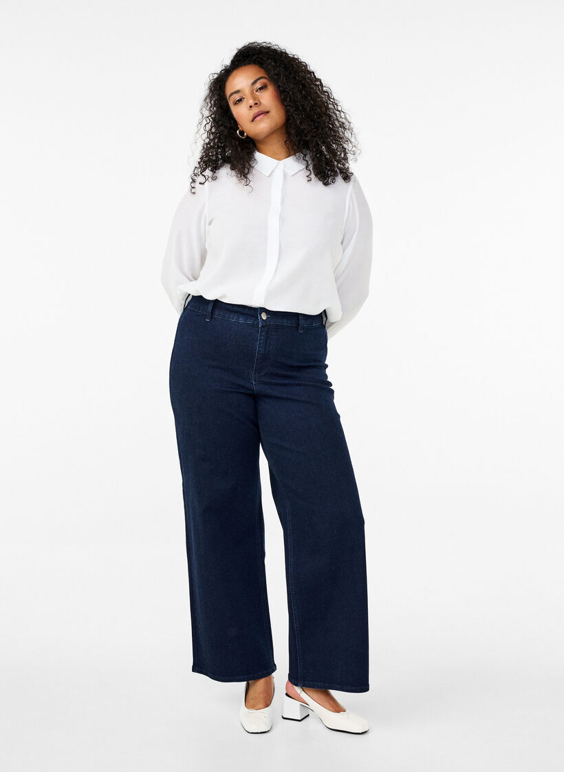 H&oslash;jtaljede jeans med vide ben, Bl&aring;, Model image number 0