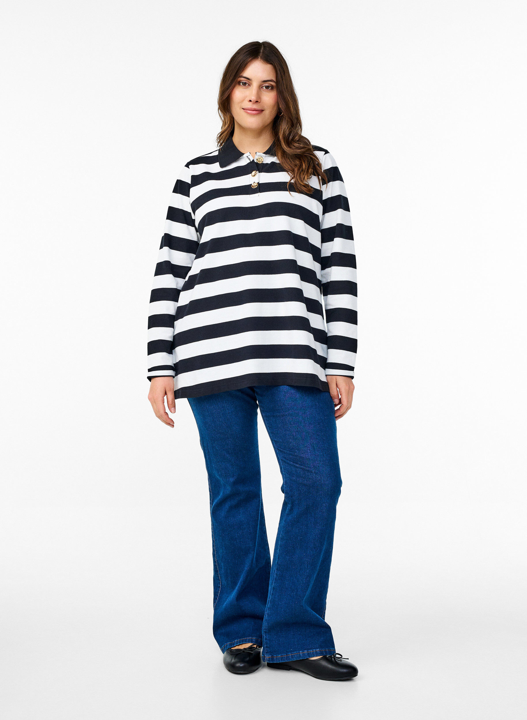 Zizzi Stribet poloshirt med lange &aelig;rmer, Sort, Model image number 1