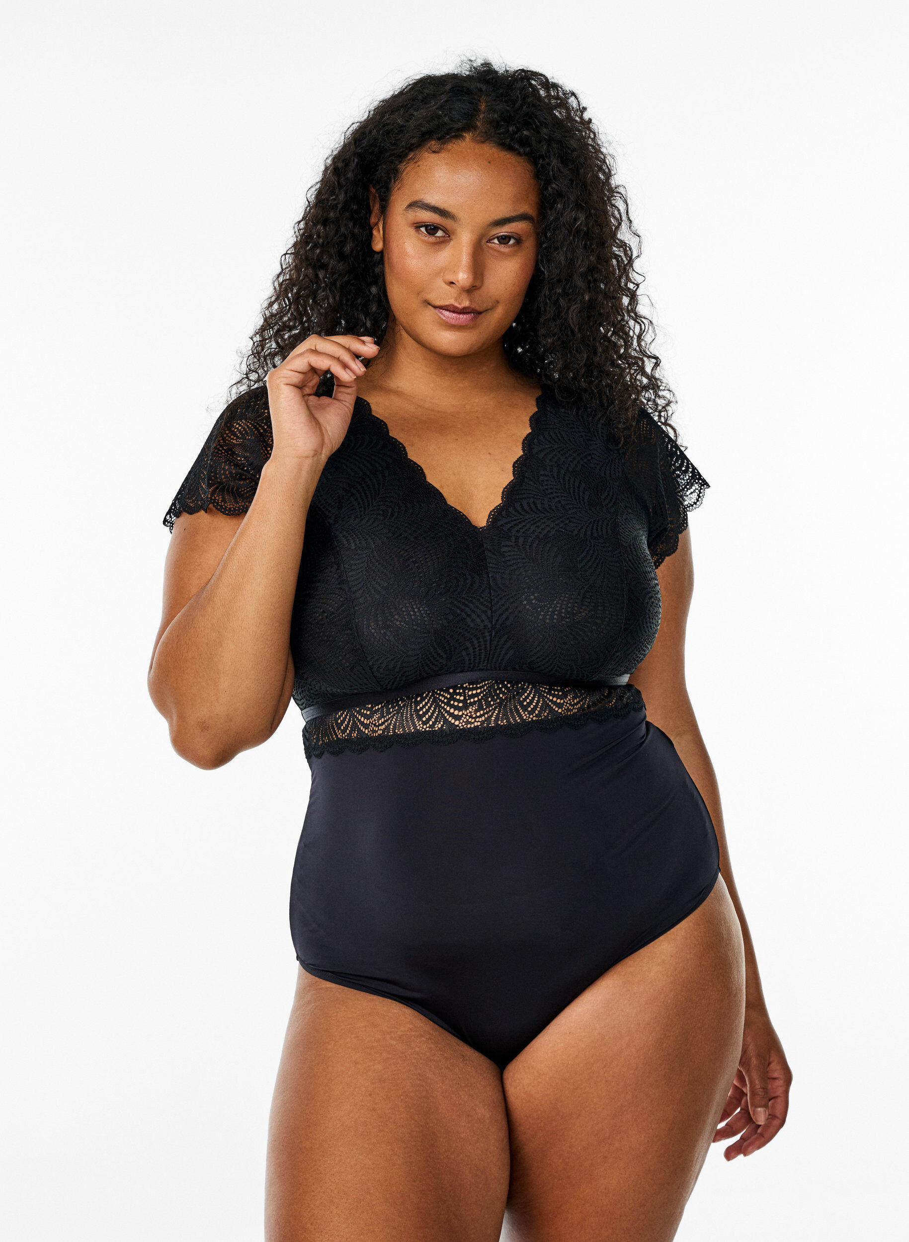 Bodystocking med blonder og korte &aelig;rmer, Sort, Model