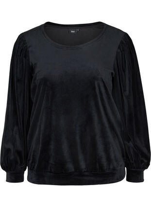 Velour bluse med lange pufærmer, Black, Packshot image number 0