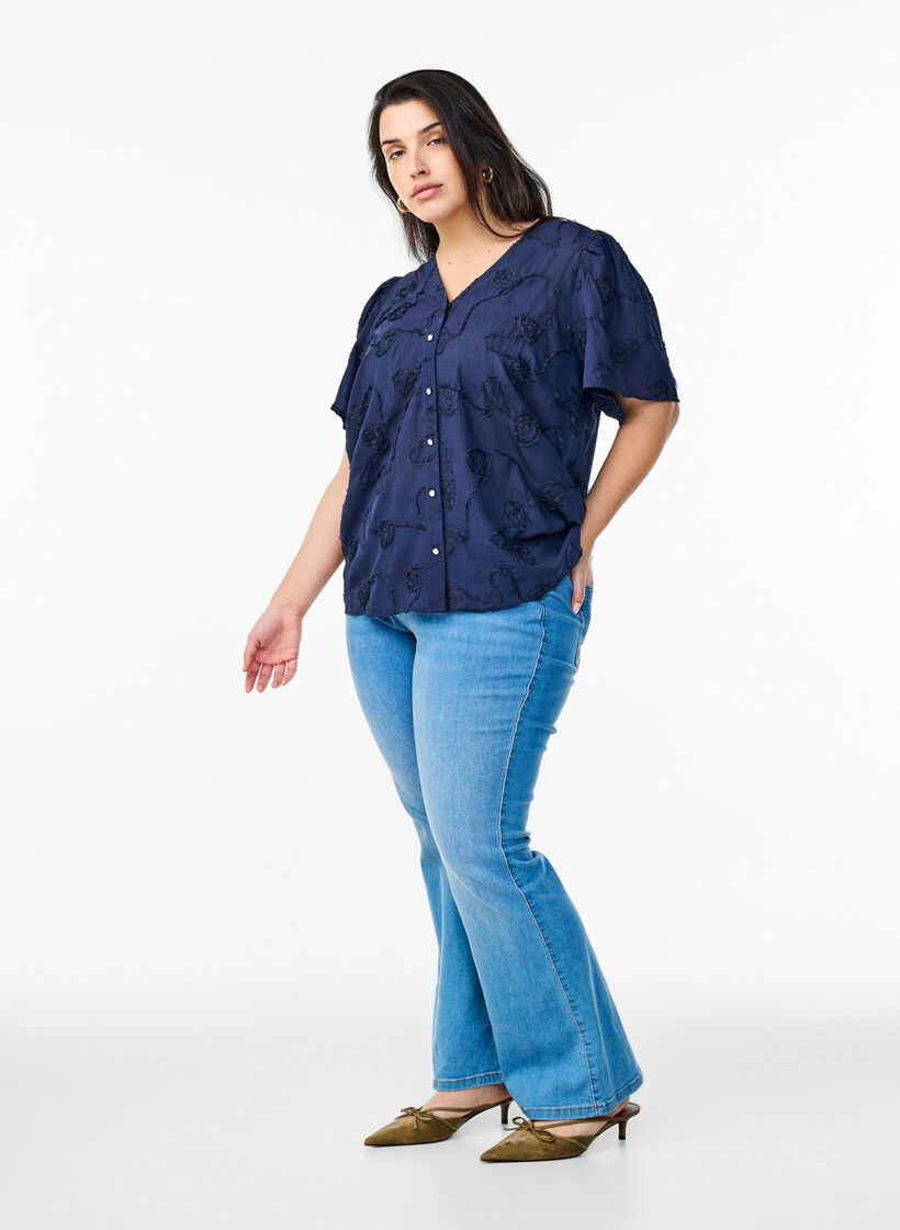 Kortærmet skjortebluse med 3D blomster effekt , Blå, Model image number 1