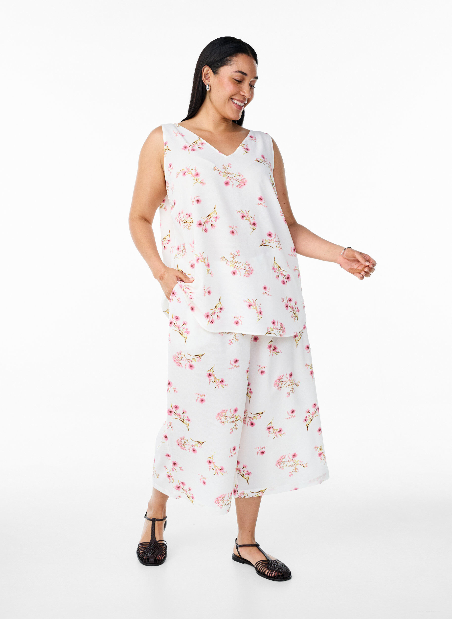 ZizziPrintet top med v-hals , Hvid, Model image number 1