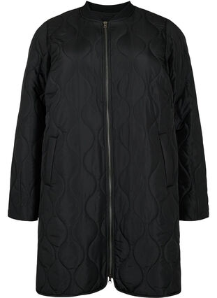 Lang quiltet jakke med lommer og lynlås, Black, Packshot image number 0