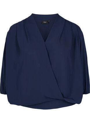 Wrap-look bluse med v-hals og 3/4 ærmer, Navy Blazer, Packshot image number 0