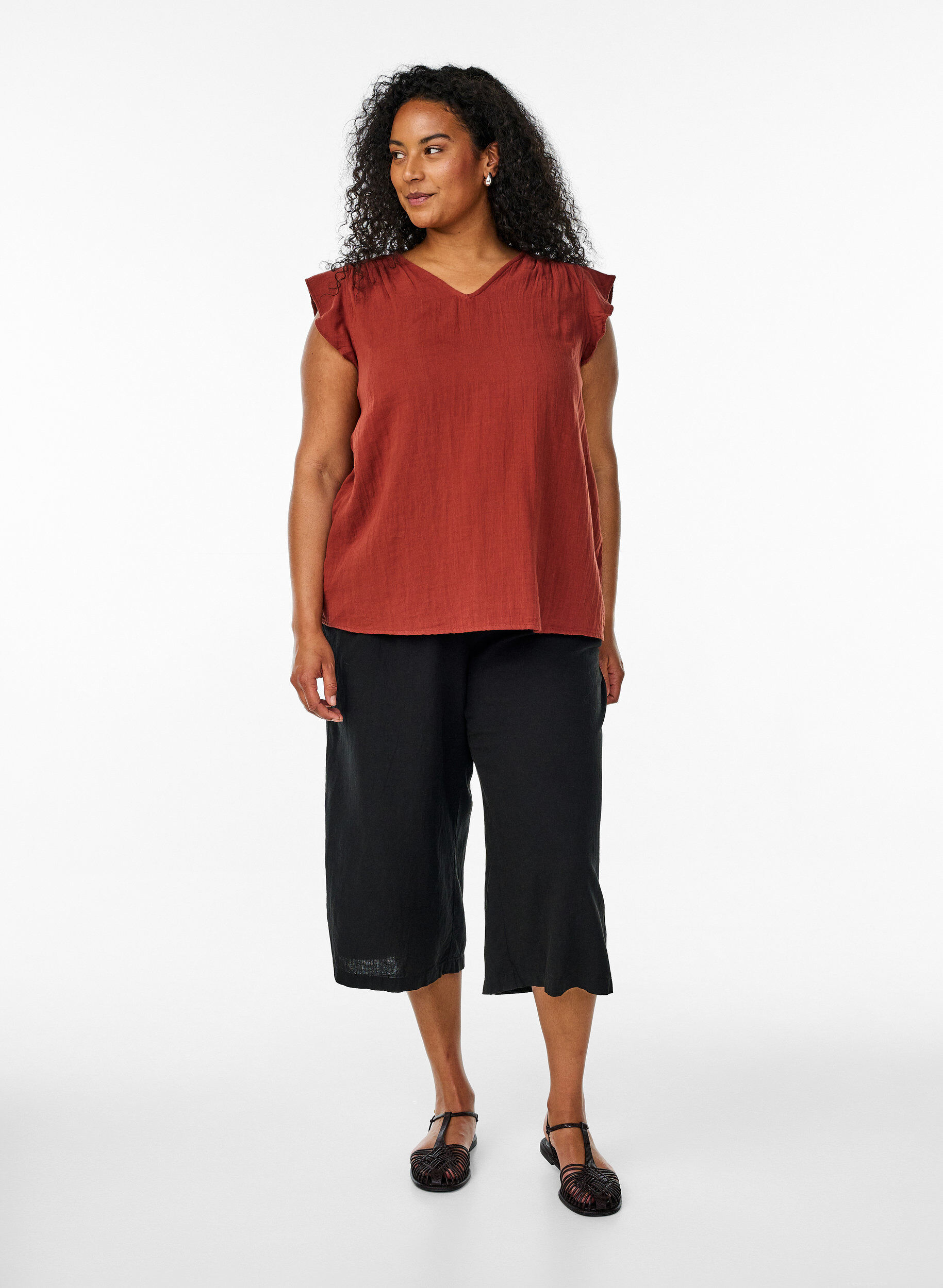 Zizzi&AElig;rmel&oslash;s top i bomuldsmusselin med fl&aelig;ser, R&oslash;d, Model image number 1