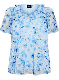 Blomstret bluse med fl&aelig;sekrave og peplum-effekt, Bl&aring;
