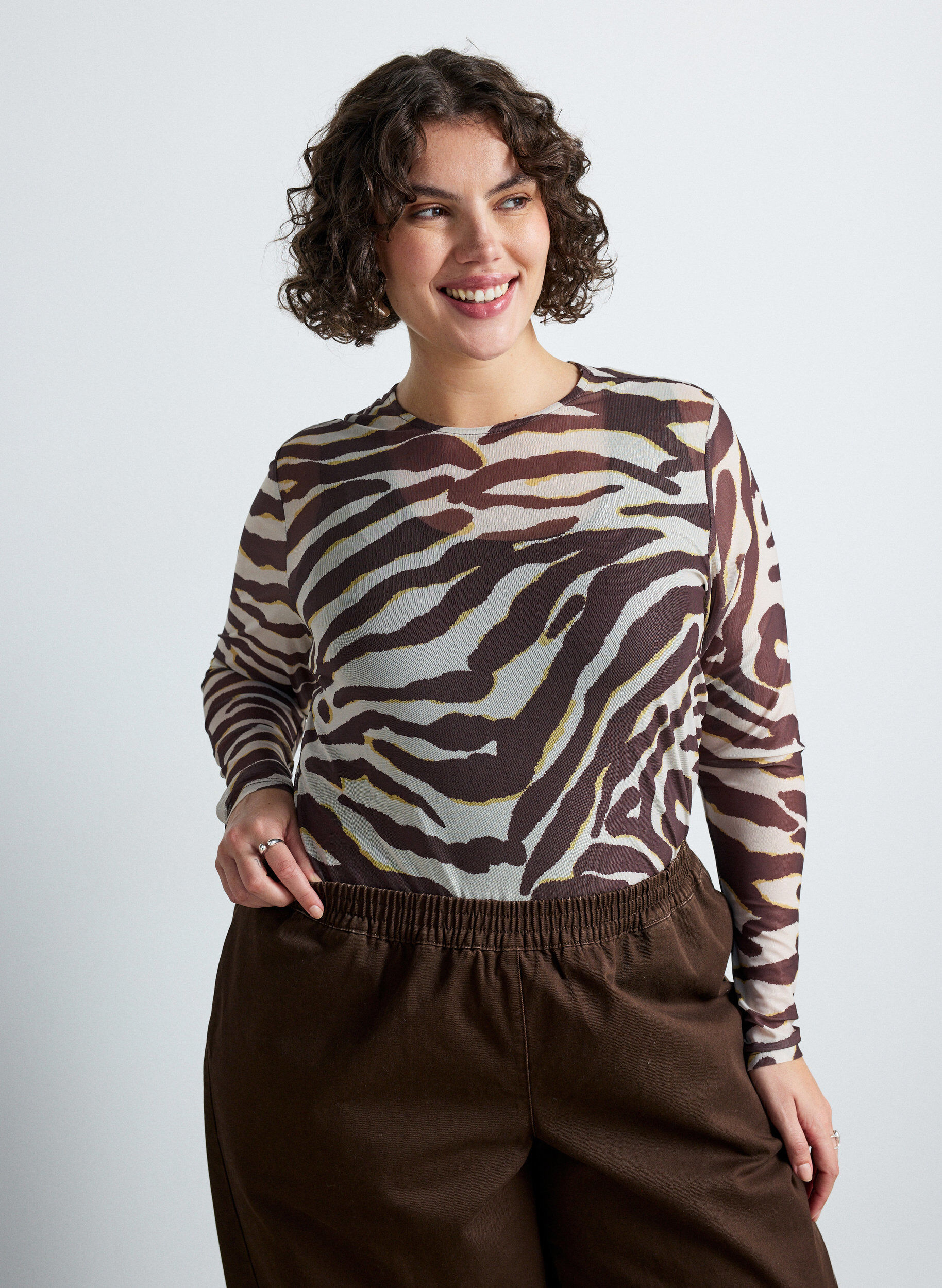 ZizziMeshbluse med print, Brun, Model image number 0