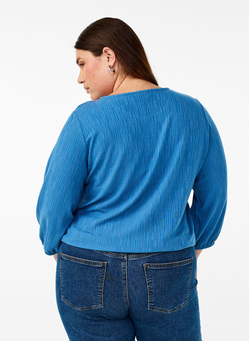 Bluse med struktur og 3/4 &aelig;rme, Bl&aring;, Model image number 2