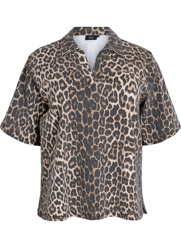 Leopardmønstret denimbluse med krave og 1/2 ærmer, Brun, Packshot image number 0