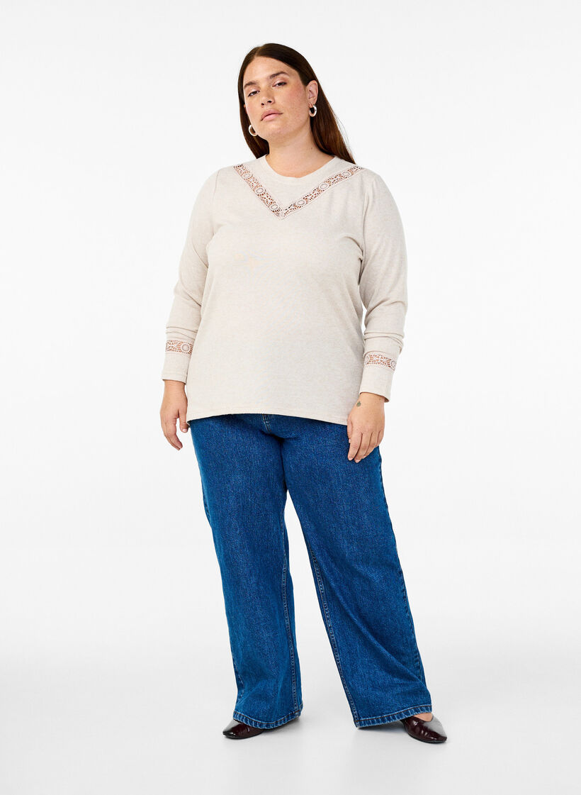 Bluse med broderidetaljer og lange ærmer, Beige, Model image number 1