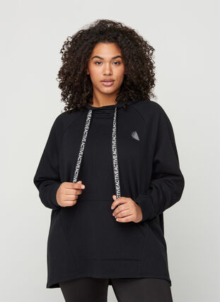 Sweatshirt med lomme og hætte, Black, Model image number 0