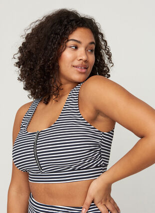 Stribet bikini top med lynlåsdetalje, Navy Striped, Model image number 0
