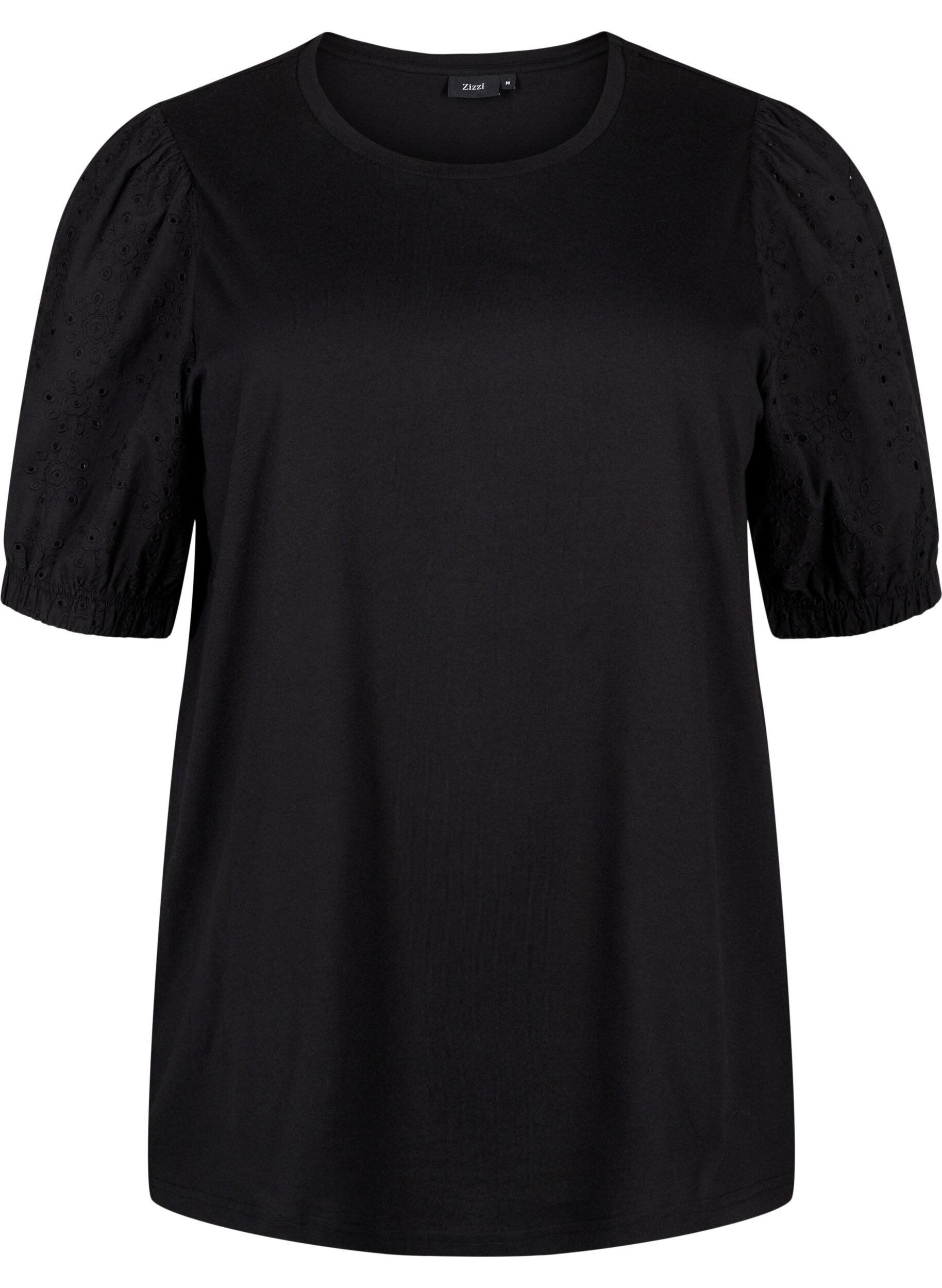 Zizzi &Oslash;kologisk bomuldsbluse med broderi anglaise &aelig;rmer, Black, Packshot image number 0