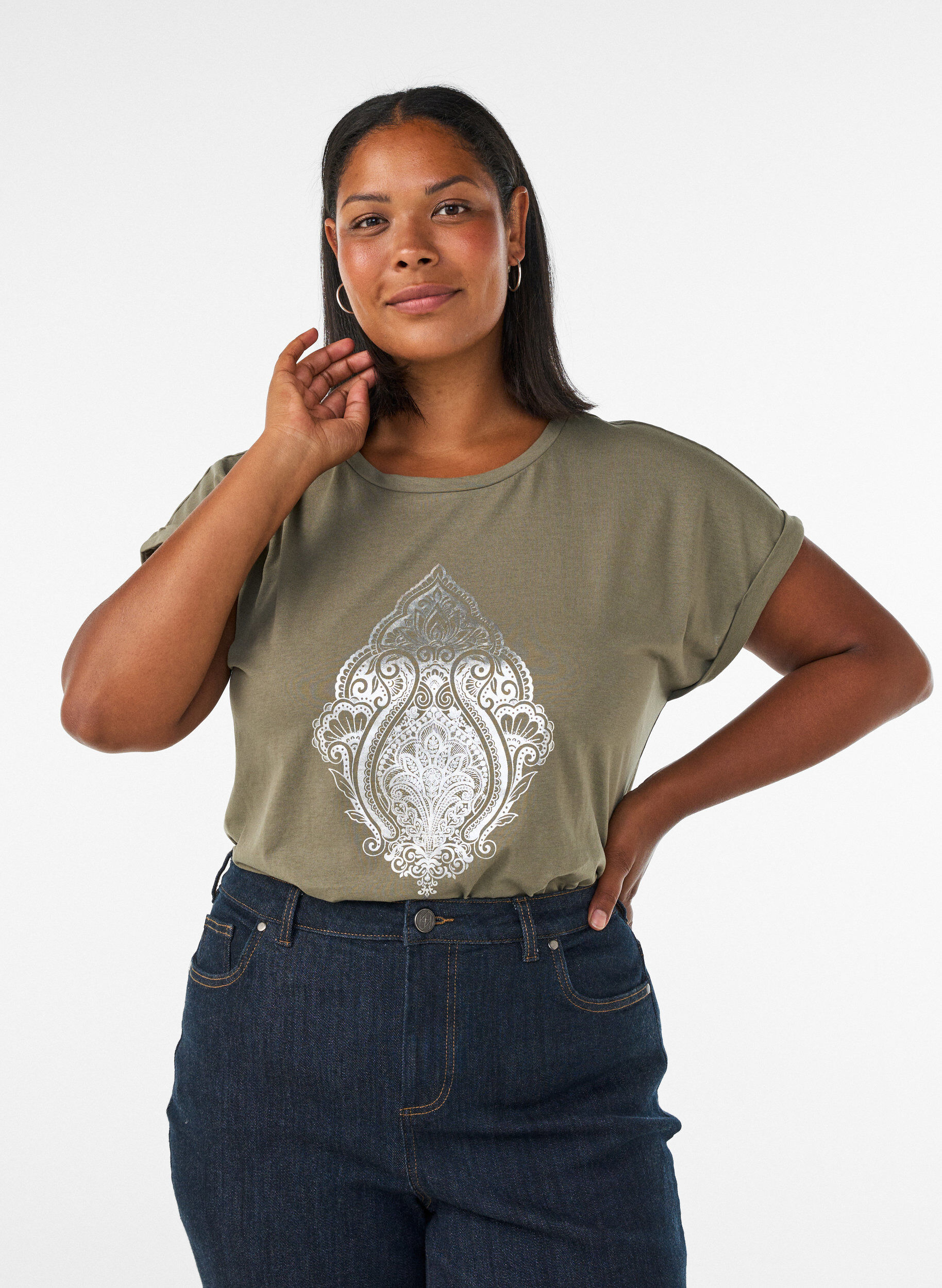ZizziT-shirt med dekorativt frontprint, Gr&oslash;n, Model image number 0